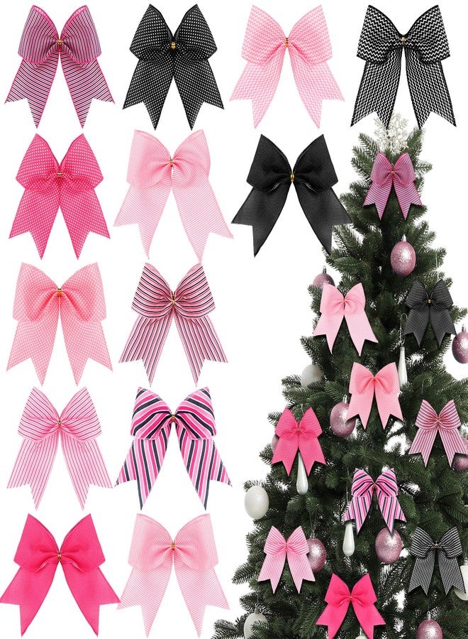 Suncalla 12pcs Christmas Bow Ornaments 5.9 Inch Large Bow for Christmas Pink Mouse Theme Decoration for Xmas Tree Wreath, Garland, Gift Wrapping Tree Black and Pink Dot Stripe Ribbon for Holiday Party - Image 1